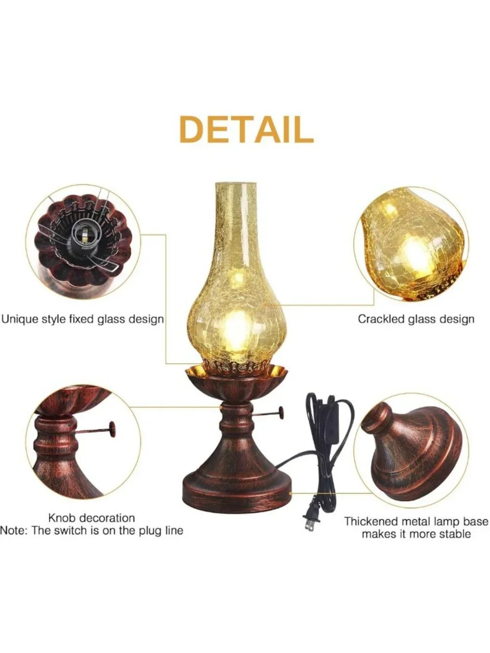 Vintage Rustic Table Lamp - Antique Crackled Glass Farmhouse Desk Light for